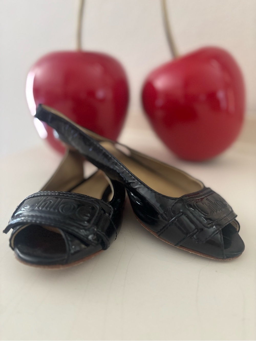 Chloe Black Patent Leather Peep-Toe Sling-Back Flats